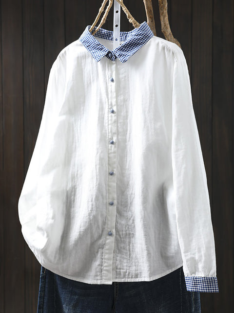 Women Spring Plaid Spliced 100%Cotton Turn-down Collar Shirt