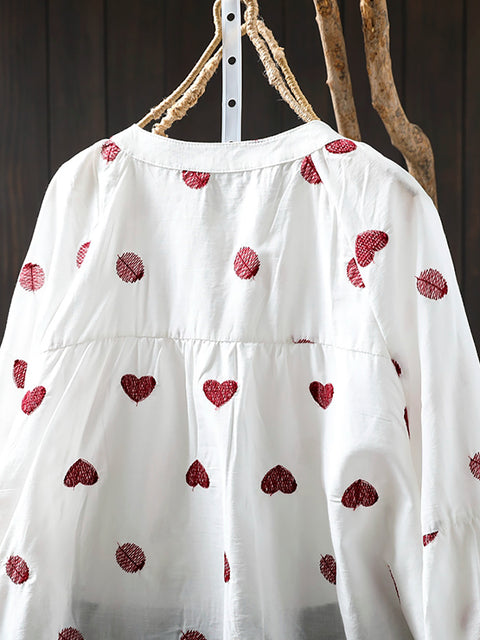 Women Artsy Heart Dot Embroidery 100%Cotton Shirt