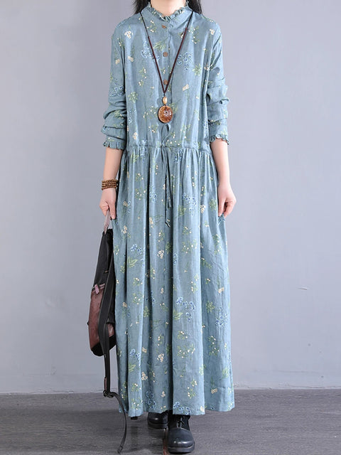 Women Spring Artsy Flower Lace Collar Maxi Dress