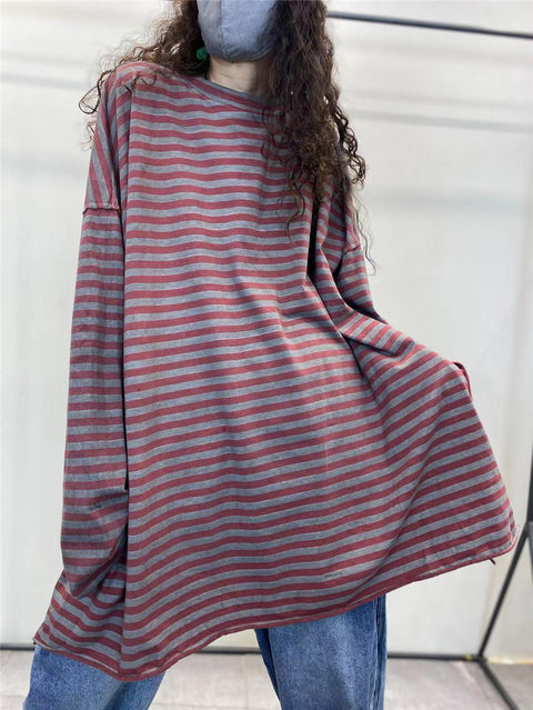 Women Spring Casual Stripe Cotton Long Shirt