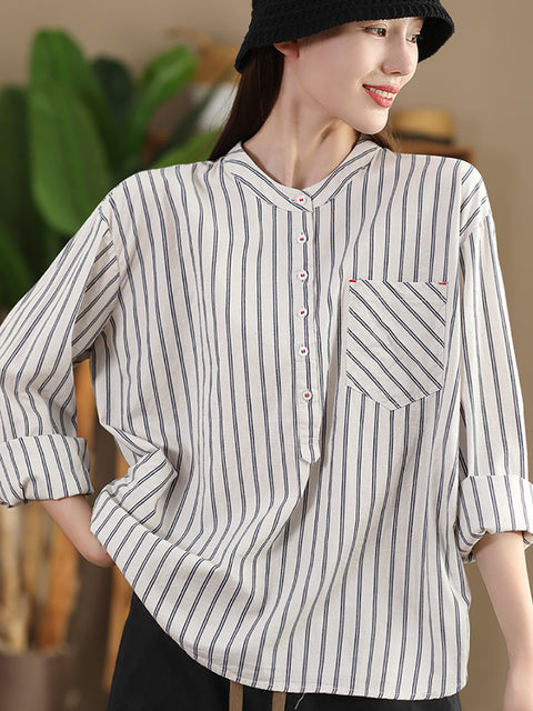 Women Vintage Spring Stripe Cotton V-Neck Shirt