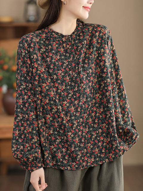 Women Artsy Flower Stand Collar 100%Cotton Shirt