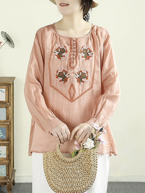 Women Spring Ethnic O-Neck Embroidery 100%Ramie Shirt