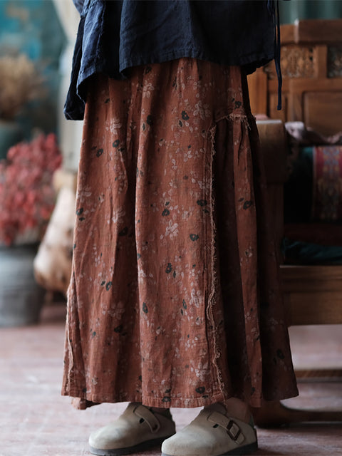 Women Spring Retro Floral Cotton Spliced Skirt