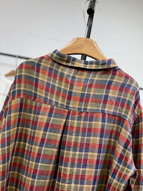 Women Artsy Spring Plaid Linen Turn-down Collar Shirt