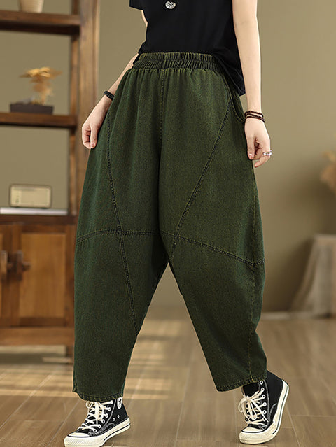 Women Casual Pure Color Denim Spliced Harem Pants