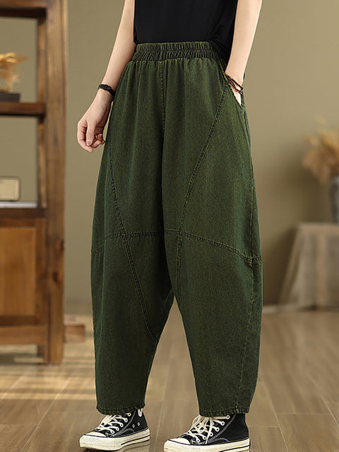 Women Casual Pure Color Denim Spliced Harem Pants