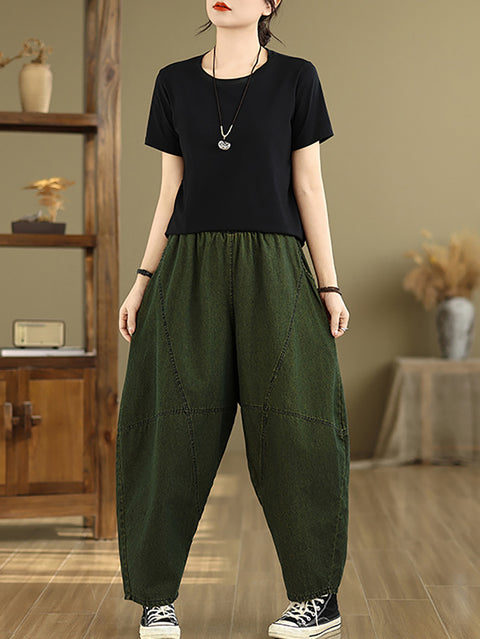 Women Casual Pure Color Denim Spliced Harem Pants