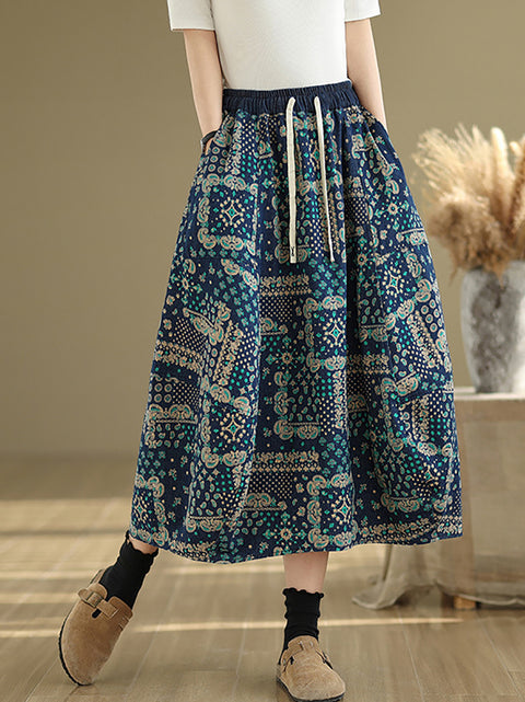 Women Spring Ethnic Flower A-Shape Denim Skirt