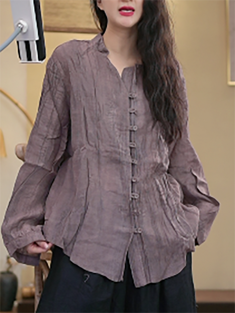 Women Spring O-Neck Button Shirred Ramie Shirt