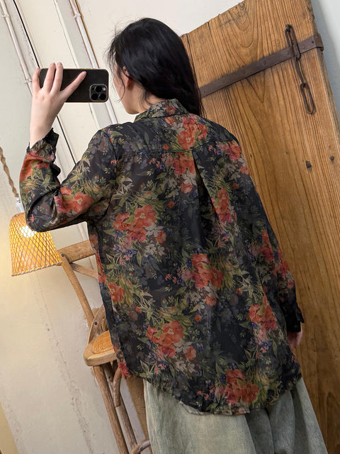 Women Spring Artsy Turn-down Collar Flower Shirt