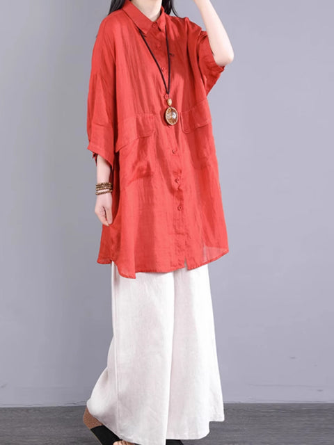 Women Summer Pure Color Ramie Long Shirt