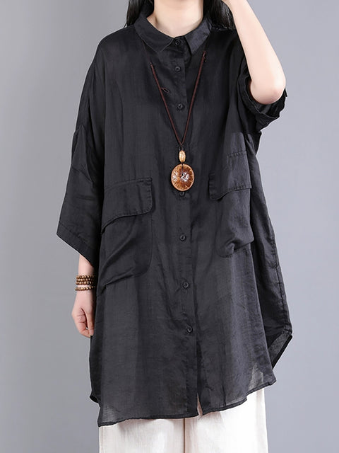 Women Summer Pure Color Ramie Long Shirt