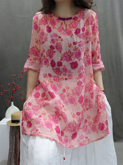 Women Spring Vintage O-Neck Flower 100%Ramie Shirt