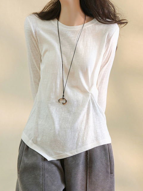 Women Spring O-Neck Pure Color Cotton Waist Fold Shirt