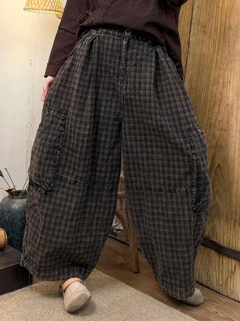 Women Vinage Spring Plaid Loose Cotton Wide-leg Pants