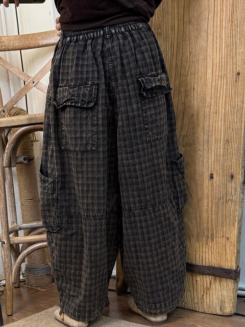 Women Vinage Spring Plaid Loose Cotton Wide-leg Pants