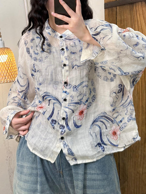 Women Spring Artsy Stand Collar Flower Ramie Shirt