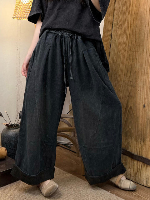 Women Spring Retro Washed Denim Wide-leg Pants