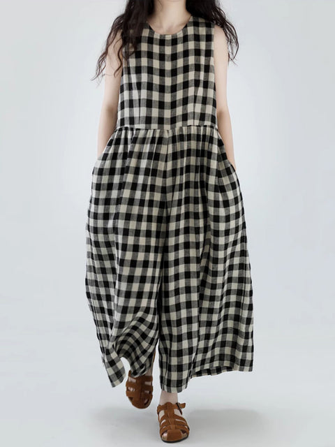 Women Summer Vintage Plaid Loose Wide-leg Jumpsuits