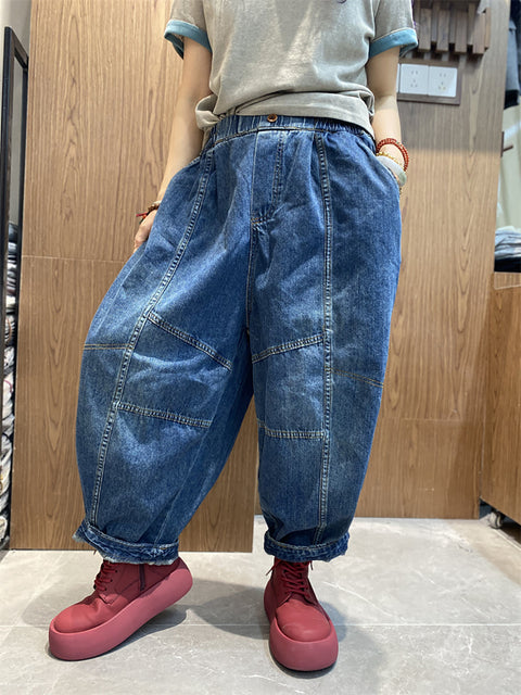 נשים Vinage Pure Color Denim Spliced מכנסי הרמון