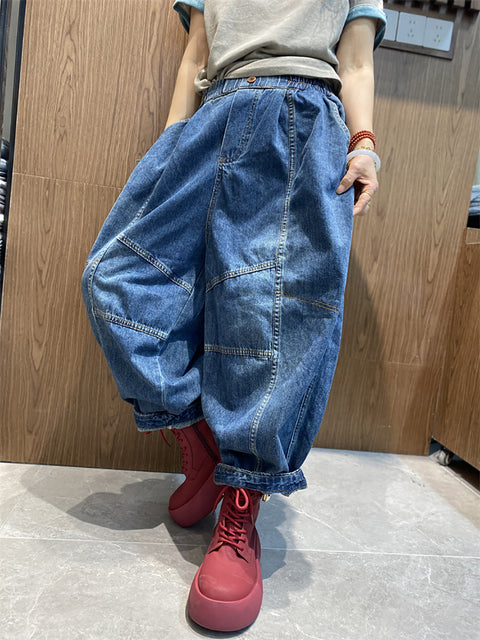 נשים Vinage Pure Color Denim Spliced מכנסי הרמון