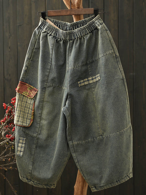 נשים Vinage Denim Patch Spliced Harem מכנסיים