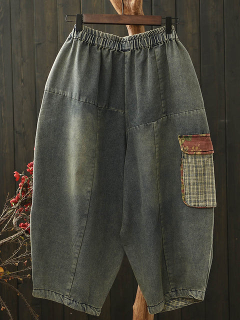 נשים Vinage Denim Patch Spliced Harem מכנסיים