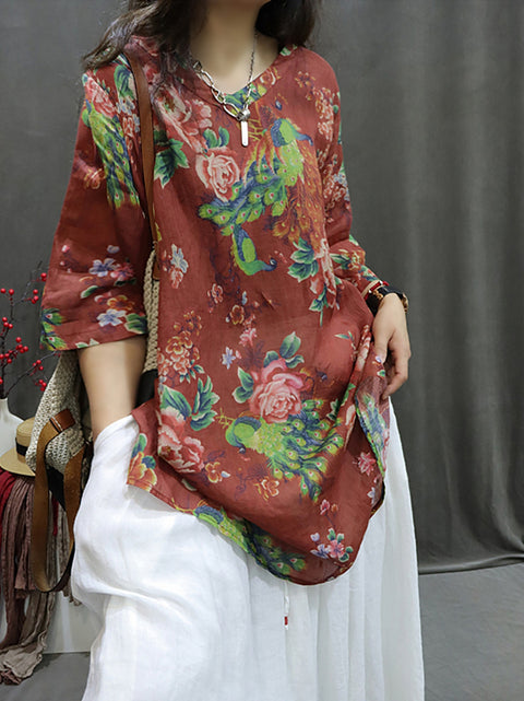 Women Spring Artsy Flower V-Neck 100%Ramie Shirt