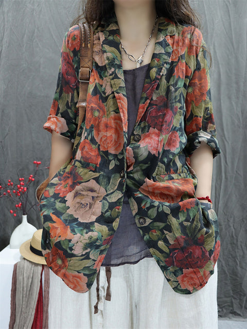 Women Artsy Spring Flower Lapel 100%Ramie Shirt