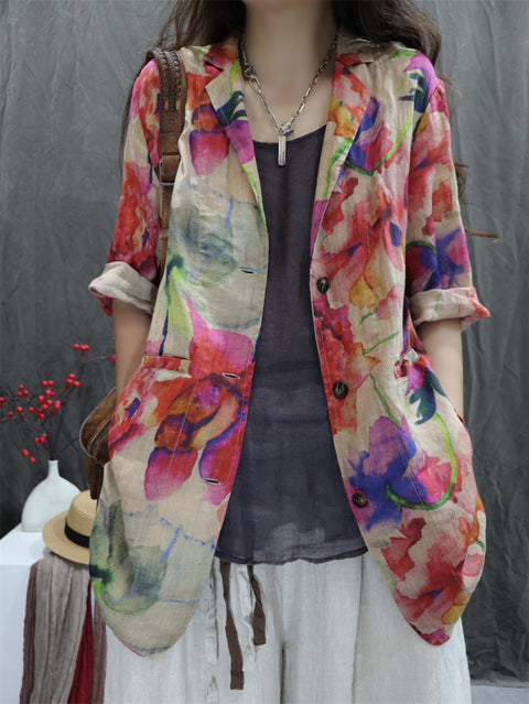 Women Artsy Spring Flower Lapel 100%Ramie Shirt