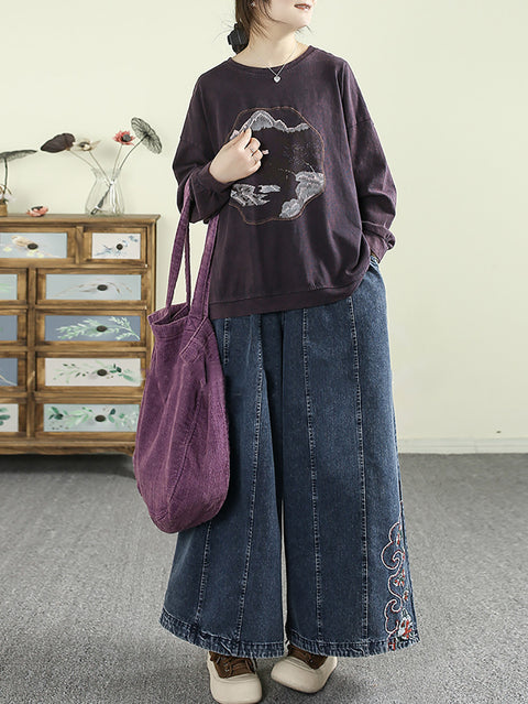 Women Vinage Embroidery Denim Wide-leg Pants