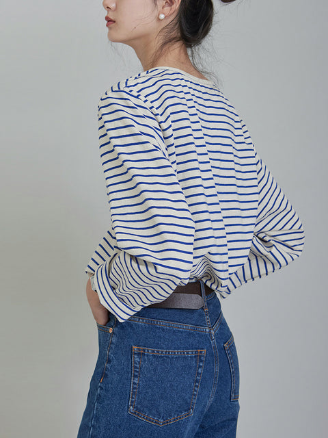 Women Spring Stripe Cotton O-Neck Shirt