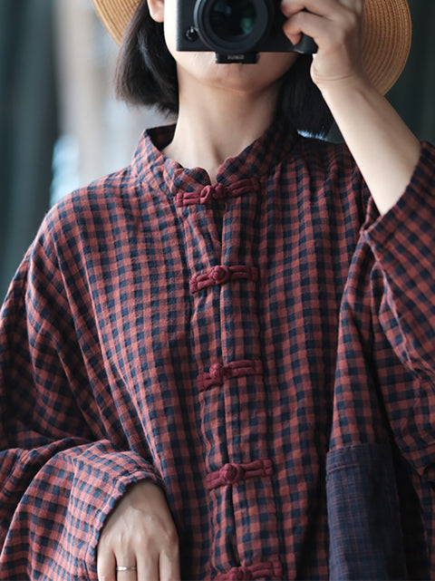 Women Spring Retro Plaid Colorblock Cotton Stand Collar Shirt