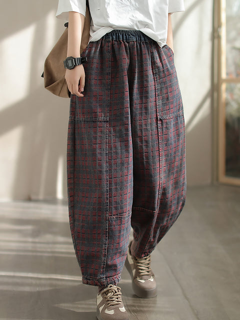 Women Spring Retro Plaid Denim Harem Pants