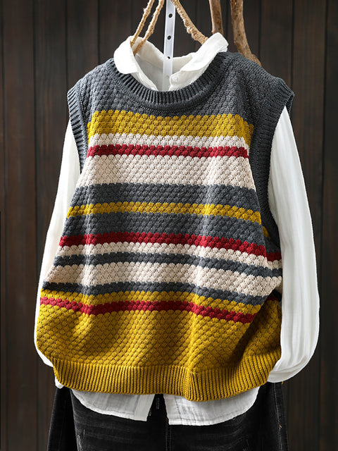 Women Spring Casual Colorblock Stripe O-Neck Knit Vest