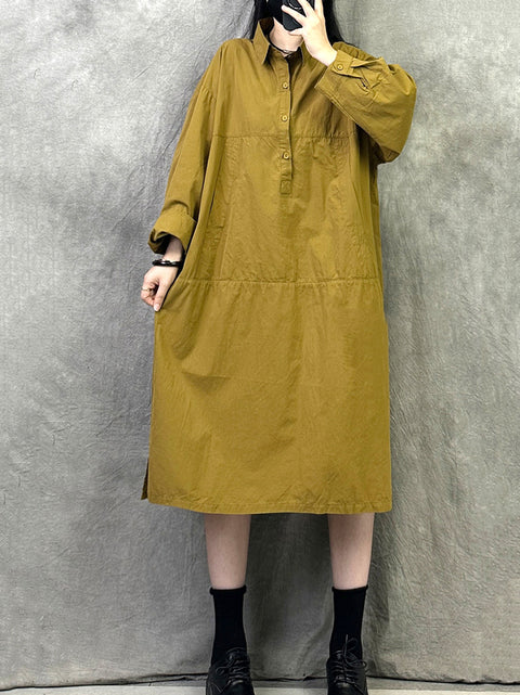 Women Spring Retro Pure Color Cotton Loose Dress