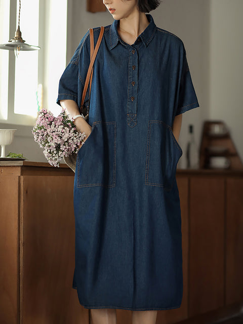 Women Spring Casual Pure Color Turn-down Collar Dress