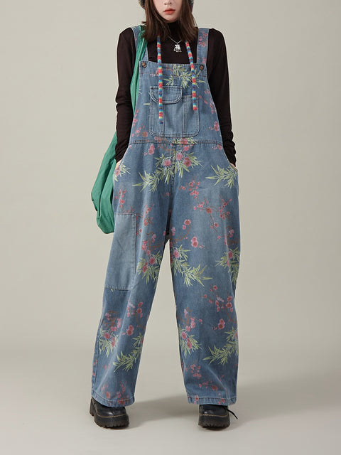 Women Summer Casual Flower Denim Wide-leg Jumpsuits