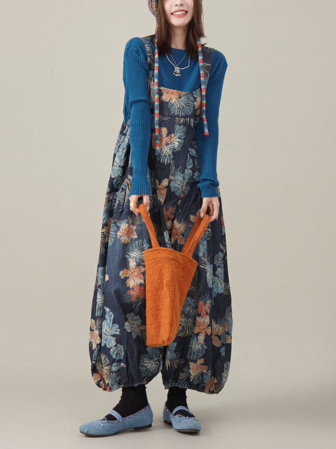 נשים קיץ Artsy Flower Denim Harem Jumpsuits