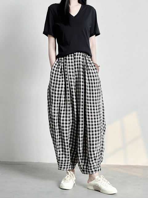 Women Spring Casual Plaid Loose Linen Harem Pants