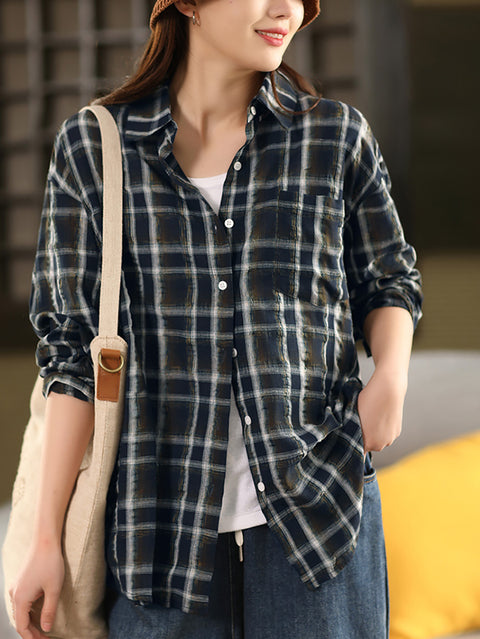 Women Artsy Spring Plaid Linen Turn-down Collar Shirt