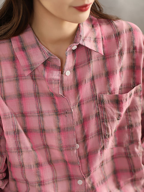 Women Artsy Spring Plaid Linen Turn-down Collar Shirt