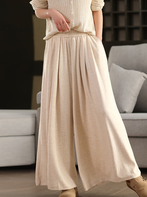 Women Spring Casual Pure Color Cotton Wide-leg Pants