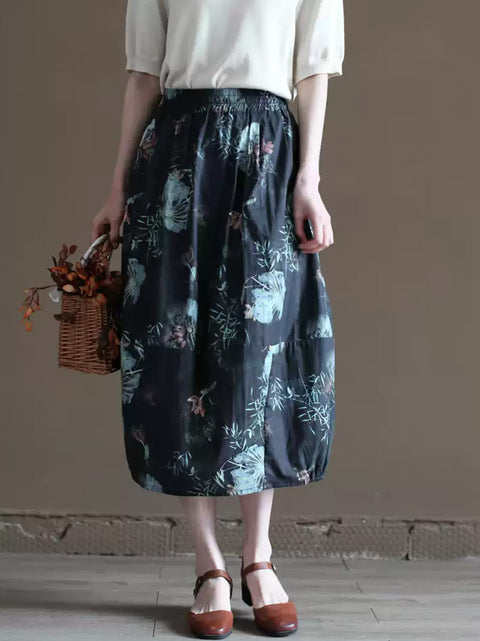 Women Summer Flower A-Shape 100%Cotton Bud Skirt