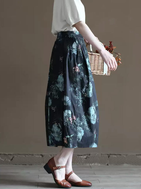 Women Summer Flower A-Shape 100%Cotton Bud Skirt