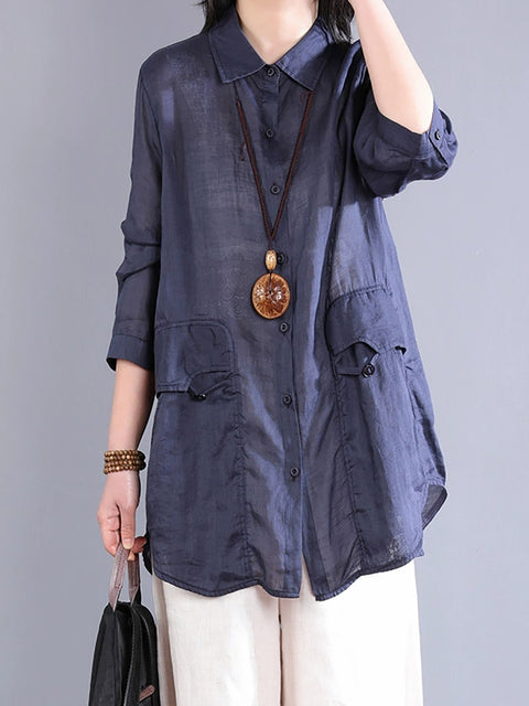 Women Spring Vintage Pure Color Button-up Ramie Shirt