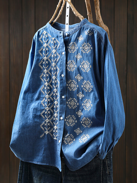 Women Spring Ethnic Embroidery 100%Cotton Shirt