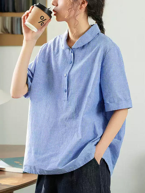 Women Summer Artsy Stripe Cotton Linen Shirt