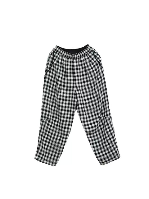 Women Spring Plaid Loose 100%Linen Harem Pants